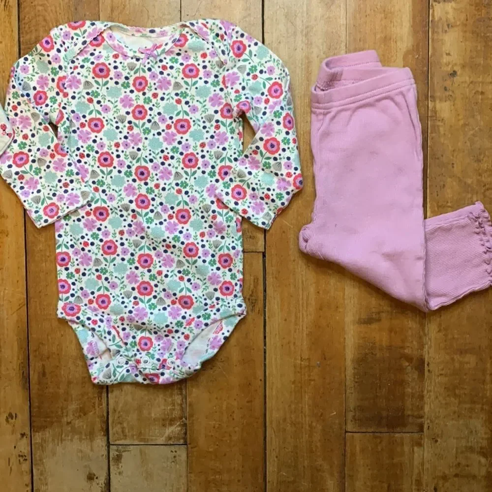 Carters 6 to 9 months long sleeve onesies pants bundle floral ladybug spring